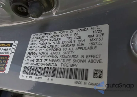 2021 Honda Cr-V Awd Ex-L z USA, uszkodzony, nr VIN 2HKRW2H87MH617934